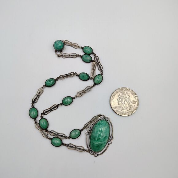 Vintage Sterling Silver 925 Green Pekin Glass Art Deco Necklace 16" - Picture 16 of 16